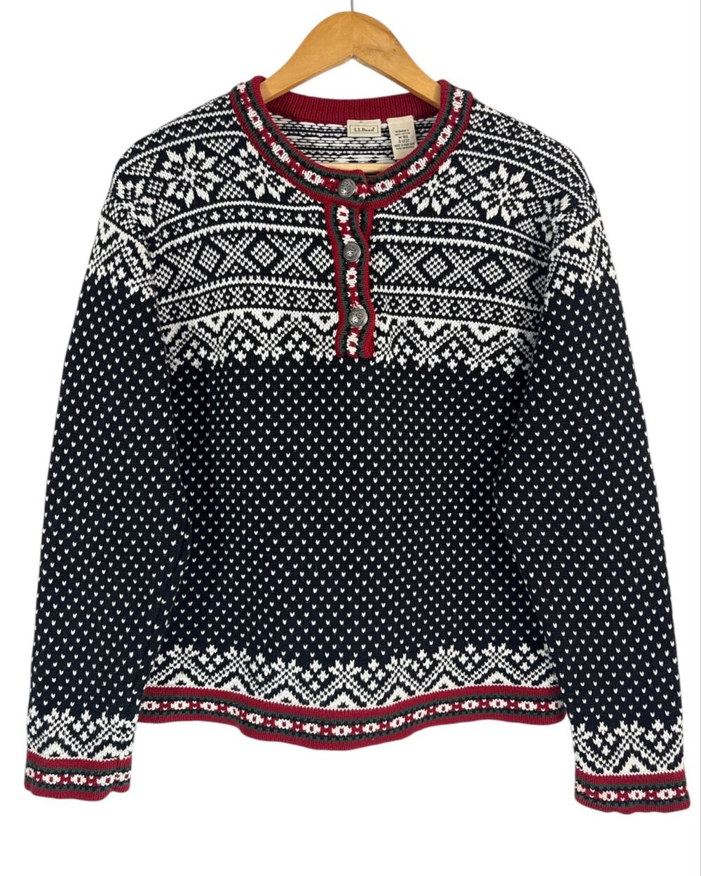 L.L.Bean Women’s Fair Isle Nordic Sweater Black Red Green Cotton Size M Holiday